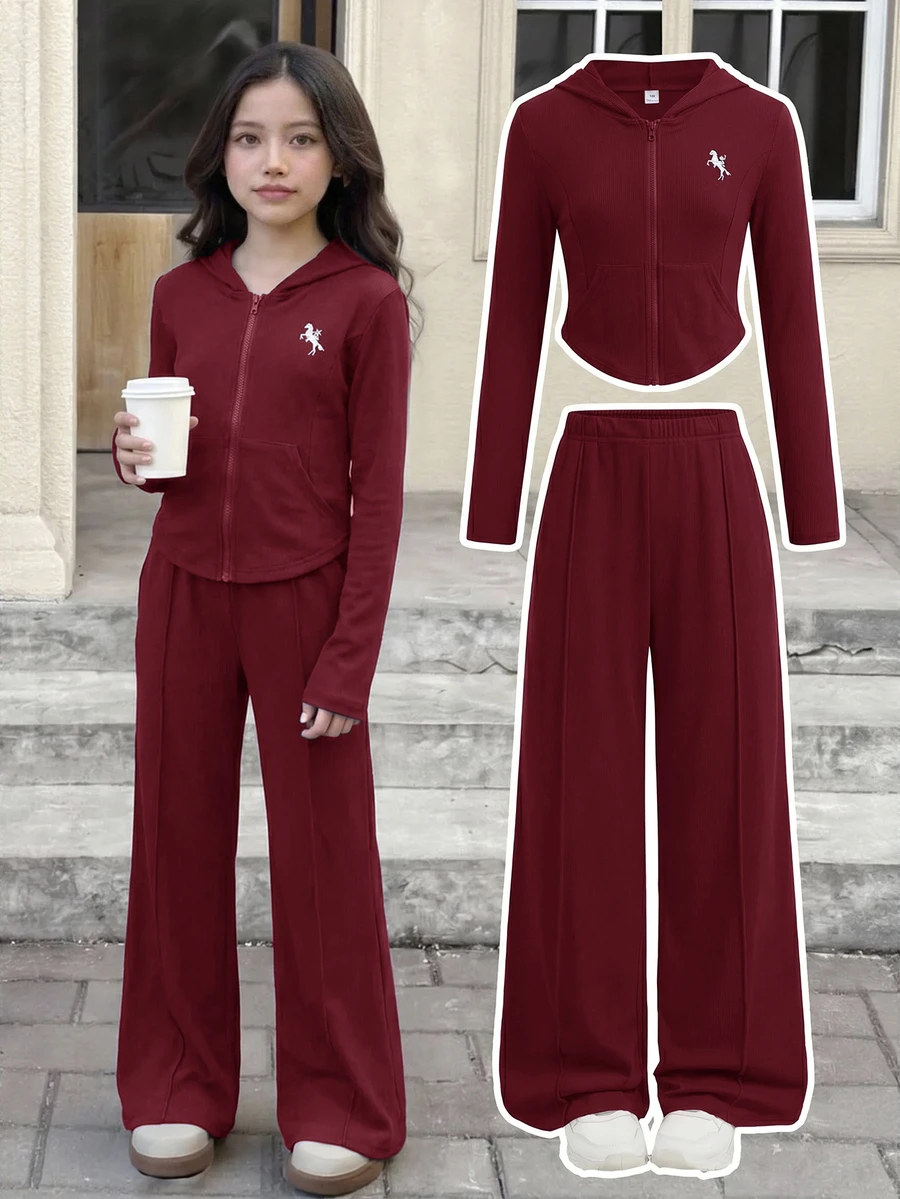 SHEIN 青少年女孩 2 件組粉色連帽上衣與長褲套裝,休閒百搭,適合春季與秋季日常穿著 - 酒紅色 - 查看 1