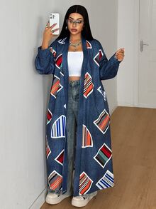 Maweii Plus Size Women's Sexy Long Open Front Kimono Style Geometric Striped Print Denim Effect Digital Print Lantern Sleeve Loose Extra Long Cover-Up Jacket - Multicolor - View 5