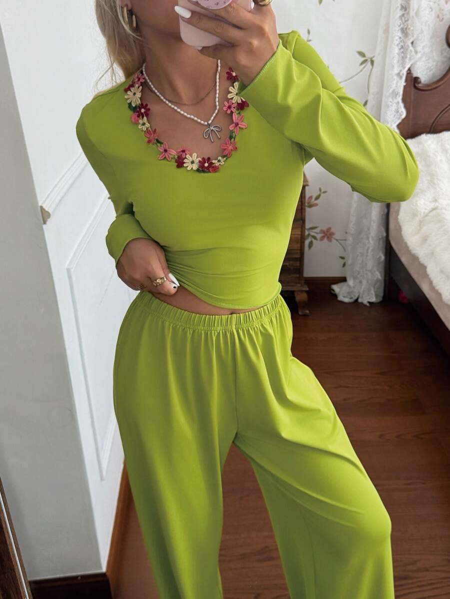 CottageSlumber Floral Lace Trim V-Neck Slim Fit Flattering Long Sleeve Wide Leg Pajamas Set ,Sleep Lime Green Autumn Cute Fairy - Olive Green - View 1