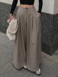 DAZY Women's Solid Color Pleated Wide Leg Loose Casual Long Pants - Brown - View 9