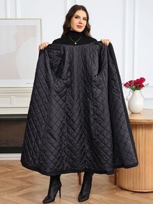 Easowa Curve Plus Size Women's Solid Color Lapel Neck Long Sleeve Casual Wool Blend Jacket - Black - View 10