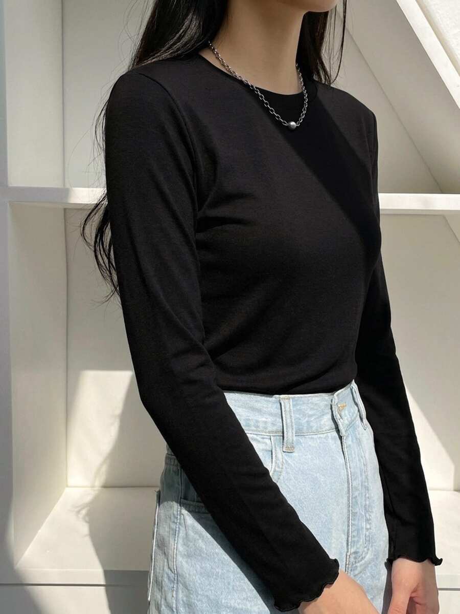 DAZY Women's Solid Color Round Neck Long Sleeve Casual Versatile T-Shirt - Black - View 1