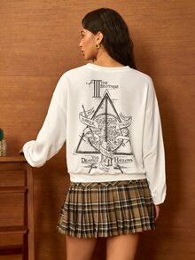 HARRY POTTER X SHEIN Women's Casual Letter Print Sweatshirt, Autumn - White - View 4