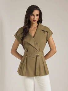 SHEIN Tall Women's Tall Army Green Sleeveless Casual Workwear Blazer - Olive Green - View 1