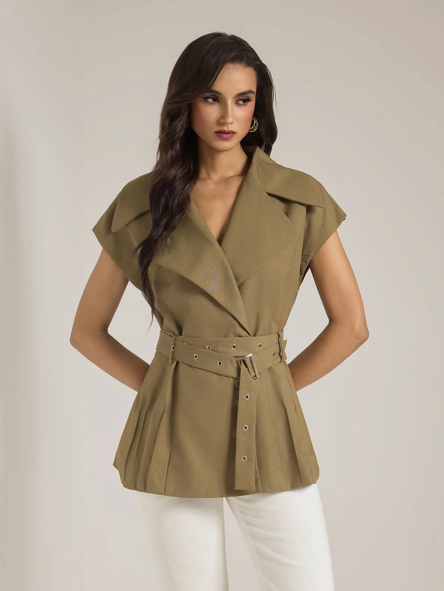 SHEIN Tall Women's Tall Army Green Sleeveless Casual Workwear Blazer - Olive Green - View 1