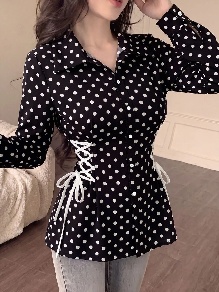 Modelyn 女款波點領結設計休閒百搭日常外出襯衫 - 黑色 - 查看 1