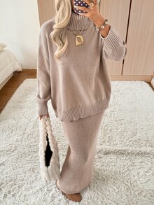 SHEIN EZwear Women's Solid Color High Neck Drop Shoulder Long Sleeve Sweater And Knit Skirt Casual 2 Pieces Set - Apricot - View 5