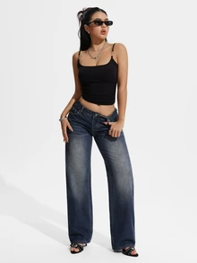 Jeanoix Fall Casual Y2K Low Rise Wide Leg Blue Denim Going Out Washed Comfortable Plus Size Jeans For Women - Dark Wash - View 1