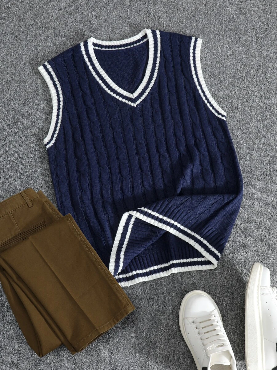 Manfinity Homme Men's Plus Size Contrast Trim Knit Vest - Navy Blue - View 1
