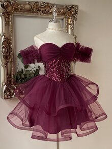 Lovelzi Elegant Glamorous Fashion Deep Red Sequin Embroidered Patchwork Mesh Sweetheart Neckline Off-Shoulder Puff Sleeve Full Skirt Short Dress Suitable For Wedding Guest, Prom - Burgundy - View 4