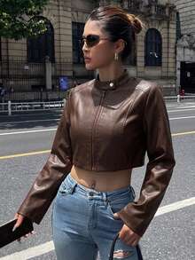 DAZY Women's Solid Color Fitted Short Stand Collar Long Sleeve Zipper Casual Street Vacation Spring Autumn PU Leather Jacket - Coffee Brown - View 5