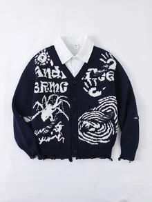 SHEIN Explorewe 青少年男孩美式復古黑色慵懶開襟衫，返校大學街頭休閒寬鬆版型 - 藏蓝色 - 查看 2