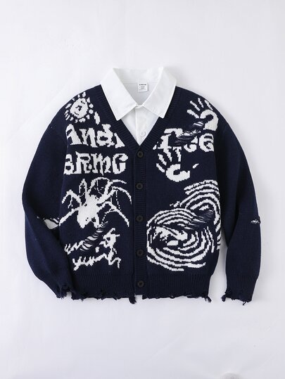 SHEIN Explorewe Genç Erkekler İçin Amerikan Retro Siyah Salaş Hırka, Okula Dönüş Kolej Sokak Stili Günlük Bol Kesim