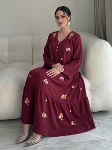 Al Najma Women's Floral Embroidered Pattern Casual Party Arabian Dress - Burgundy - View 1