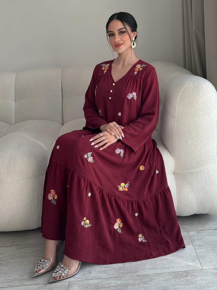 Al Najma Women's Floral Embroidered Pattern Casual Party Arabian Dress - Burgundy - View 1
