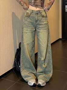 DAZY Women's Street Leopard Print Patchwork Pocket Distressed Denim Jeans Fall - Dusty Blue - View 3