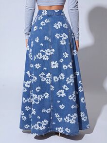 SHEIN SXY 女款花卉印花鈕扣前襟休閒牛仔裙 - 中等水洗藍 - 查看 2
