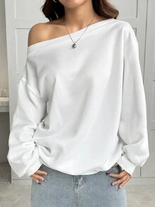SHEIN EZwear Plus Size Women's Solid Color Asymmetric Neck Drop Shoulder Long Sleeve Casual T-Shirt Fall - White - View 1