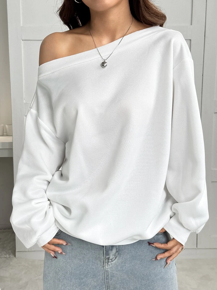 SHEIN EZwear Plus Size Women's Solid Color Asymmetric Neck Drop Shoulder Long Sleeve Casual T-Shirt Fall - White - View 1