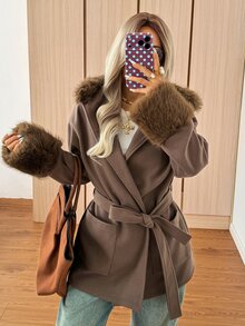 SHEIN EZwear Autumn/Winter Plush Patchwork Hooded Overcoat Jacket - Coffee Brown - View 5