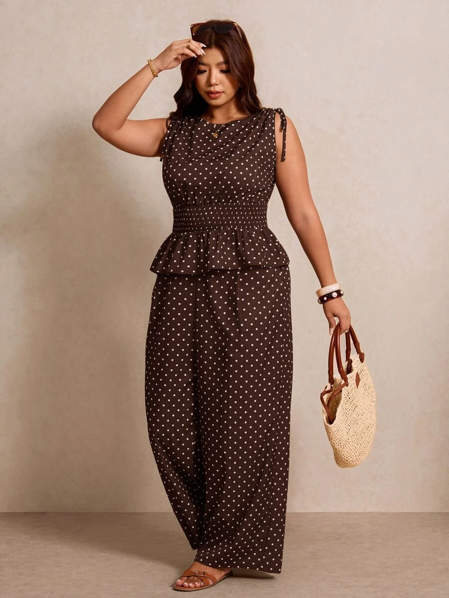 Elaquor Plus Size Women Polka Dot Pattern Ruffle Hem Sleeveless Blouse And Wide Leg Pants 2 Pieces Set - Brown - View 1