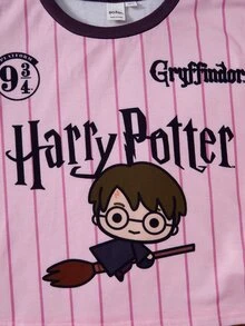 HARRY POTTER X SHEIN Tween Girl Summer Casual Striped Cartoon Print T-Shirt - Pink - View 4
