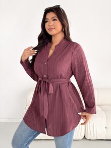SHEIN Essnce 大尺碼女款純色長袖單排扣休閒襯衫 - 中紫紅色 - 查看 7
