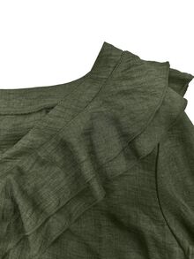 Linhara CURVE Plus Size Women's Woven Regular Fit Autumn/Winter American Vintage Western Style Casual Commute V-Neck Double Layer Ruffle Bell Sleeve Loose Relaxed Slouchy Distressed Gray Green Shirt - Green - View 7