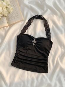SHEIN MOD Women's Black, Form-Fitting Halter-Neck Tank Top Featuring An Open Back, Lace Trim, A Rhinestone Cross Motif, And Ruched Detailing. Blending Coquette - Black - View 3