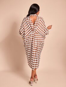Brilight Houndstooth Print Shirt DressFront Back Twist Knot Loose Midi Dress For Vacation Brunch Casual Stree - Brown - View 2