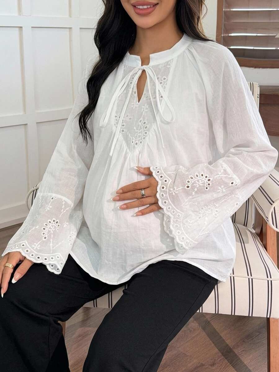 Dazy Maternity 拼接寬鬆套頭襯衫,綁帶蝴蝶結喇叭袖,休閒度假日常春秋上衣,孕婦襯衫 - 白色 - 查看 1