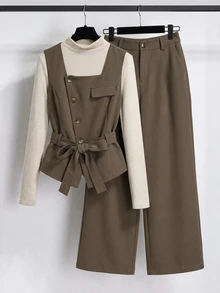 GlowEve CURVE Plus Size Autumn/Winter Elegant Casual Jacket & Straight Leg Pants 2 Pieces Set - Mocha Brown - View 1