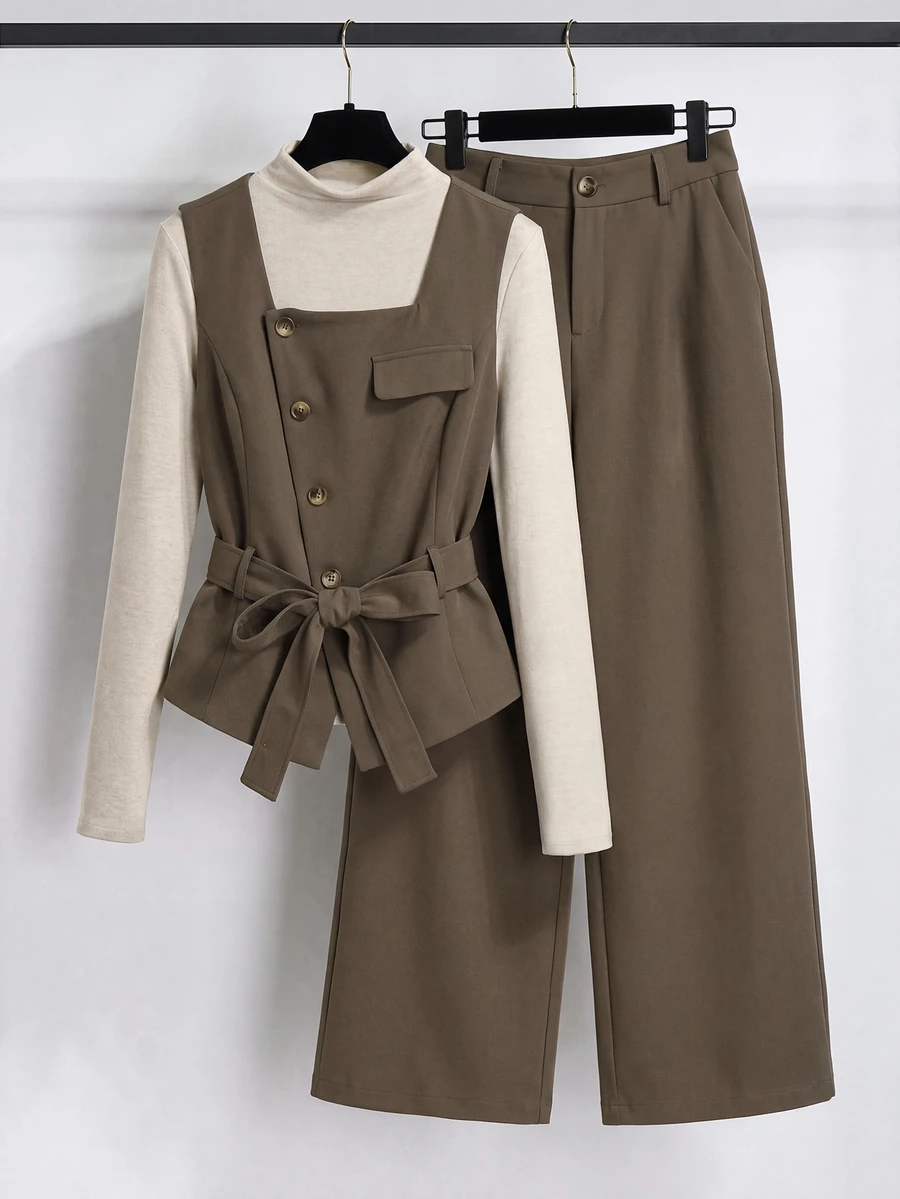 GlowEve CURVE Plus Size Autumn/Winter Elegant Casual Jacket & Straight Leg Pants 2 Pieces Set - Mocha Brown - View 1