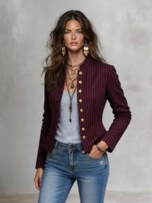 Solivie Women's Autumn Fashion Striped Jacket - Burgundy - View 9