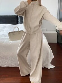 DAZY Women's Velvet-Feel Thick Stand Collar Sweatshirt And Long Pants Casual 2 Pieces Set - Khaki - View 3