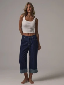 MUSERA بنطلون جينز كابري بقصة ضيقة وخصر متوسط مع حافة مطوية، دنيم أساسي للاستخدام اليومي، خريف وشتاء - أزرق بحري - مشاهدة 1