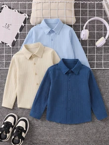 SHEIN 男童編織襯衫套裝，開襟衫設計，休閒舒適，適合假期、生日派對、學校、婚禮 - 彩色 - 查看 5