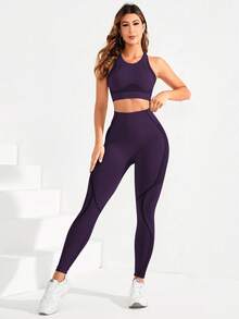 SHEIN Sports 女款短版背心與緊身褲無縫高彈性運動套裝 - 紫色 - 查看 5