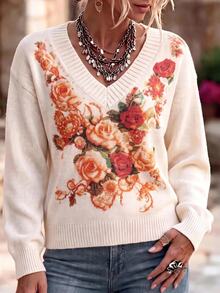 Linavere Women's V-Neck Floral Pattern Casual Daily Long Sleeve Sweater - White - View 1