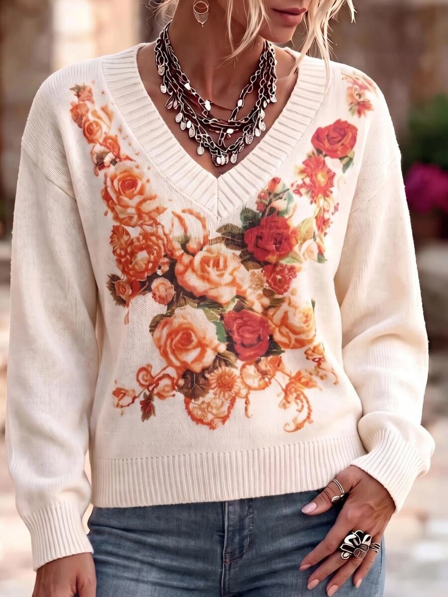 Linavere Women's V-Neck Floral Pattern Casual Daily Long Sleeve Sweater - White - View 1