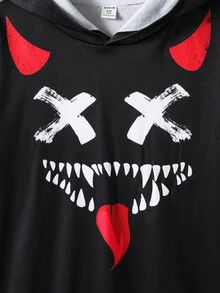 兒童青少年男孩休閒惡魔印花黑色連帽衛衣，適合秋季返校季 - 黑色 - 查看 3