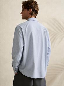 TONEVAULT New Men's Fashion Casual Long Sleeve Shirt, Blue And White Striped Woven Fabric Office Work Fall - Blue and White - View 3