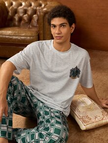 HARRY POTTER X SHEIN Men's Round Neck Short Sleeve T-Shirt And Plaid Long Pants Loungewear Set - Grey - View 5