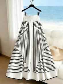 SHEIN Franclia تنورة كاجوال للعطلات مخططة ومكسرة - أبيض - مشاهدة 2