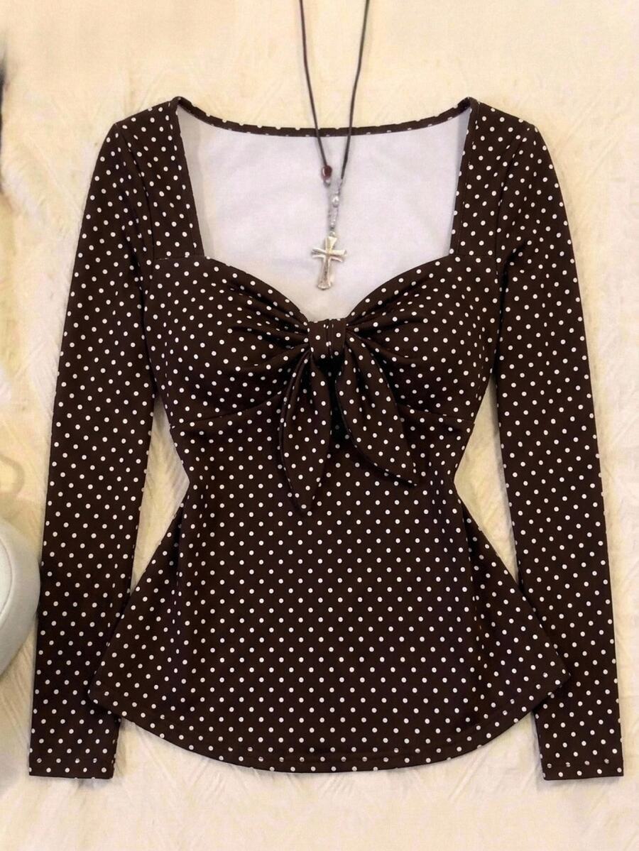 SHEIN Tween Girls T-Shirts Front Bow Brown Polka Dot Long Sleeve Sweet Top - Brown - View 1