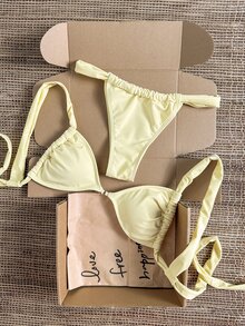 Swim Mod 春夏新款女款奶油黃金屬環飾露背綁帶高衩比基尼，適合海灘度假、派對、音樂節 - 彩色 - 查看 3