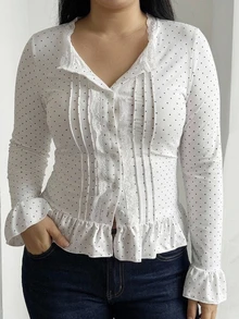 Dazy Plus Korean Style Spring/Autumn V-Neck Long Sleeve Lace Patchwork Pleated Polka Dot White Button Slim Fit Ruffle Hem T-Shirt - White - View 4