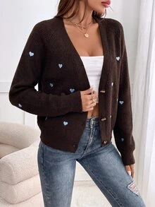 SHEIN Frenchy 愛心刺繡開襟衫，長袖上衣，秋冬針織毛衣 - 咖啡棕 - 查看 4