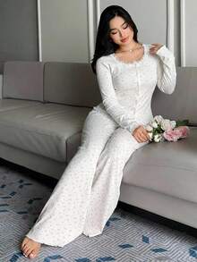 Dazy Plus Floral Pattern Contrast Lace Pants & Fitted Long Sleeve Top 2 Pieces Loungewear Set, Pink Pajama Set - White - View 5