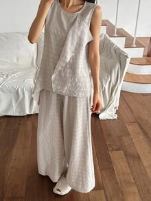 DAZY Women's Round Neck Asymmetrical Hem Sleeveless Top And Wide Leg Pants Loungewear Set - Khaki - View 6